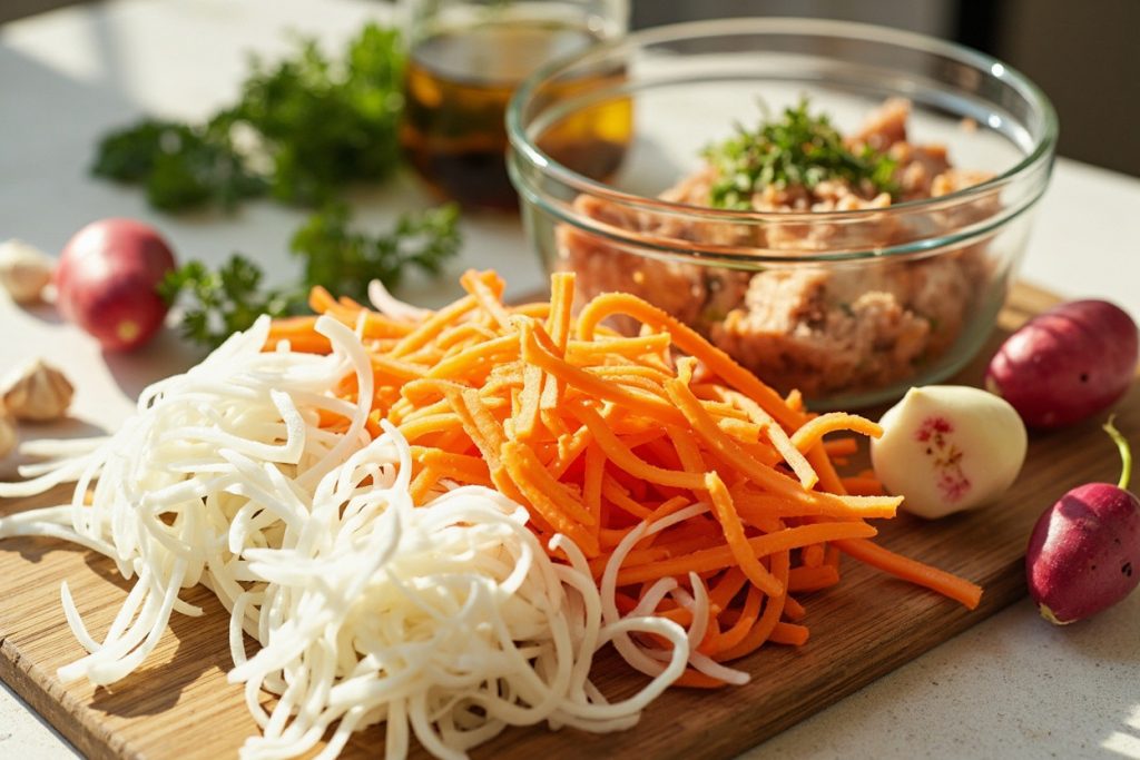 Пошаговый рецепт салата с редькой и морковью по-корейски.