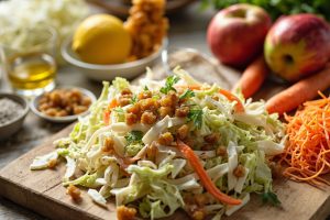 Пошаговый рецепт салата с капустой, яблоками и изюмом.