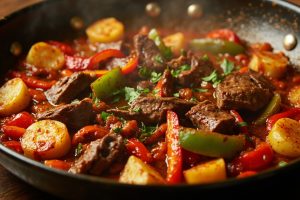 Говядина с перцем и картофелем в остром соусе: пошаговый рецепт.