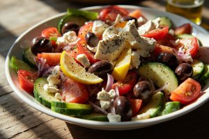 Пошаговый рецепт греческого салата с фетой и оливками.