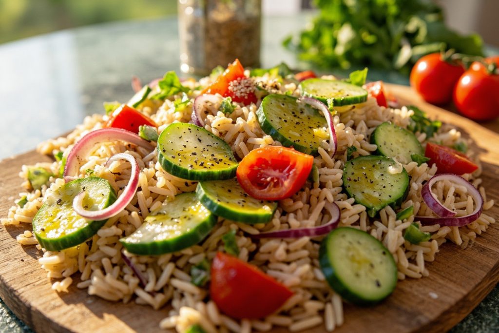 Пошаговый рецепт салата с бурым рисом и овощами.