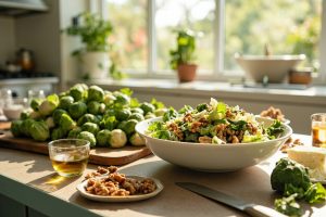 Пошаговый рецепт салата с запеченной брюссельской капустой и орехами.