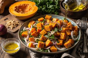 Пошаговый рецепт салата с тыквой и кедровыми орехами.