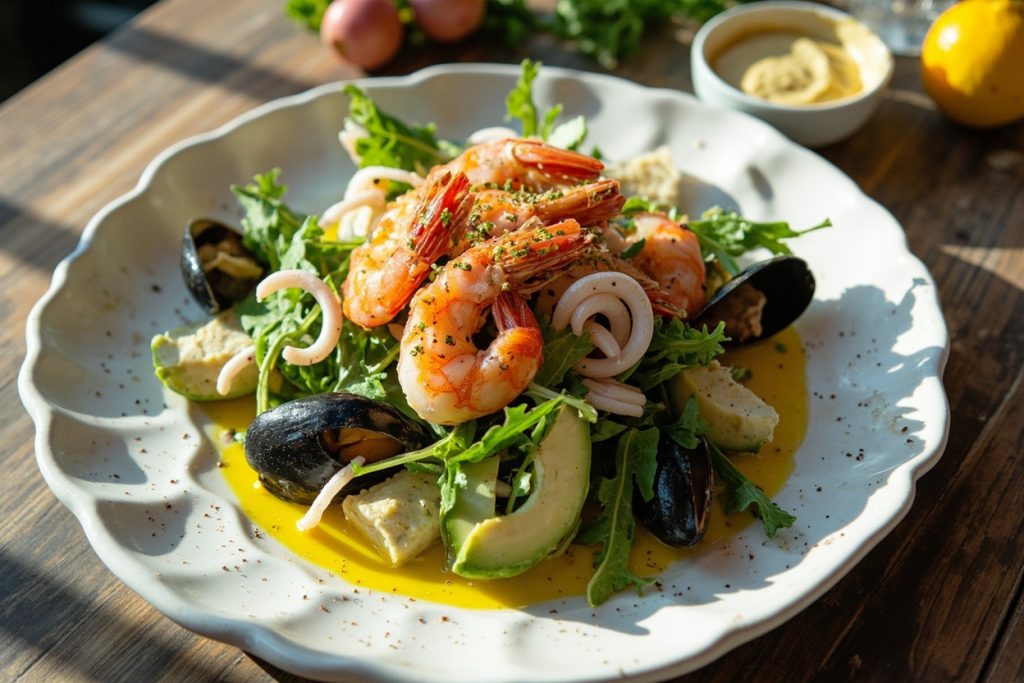 Пошаговый рецепт салата с морепродуктами и авокадо.