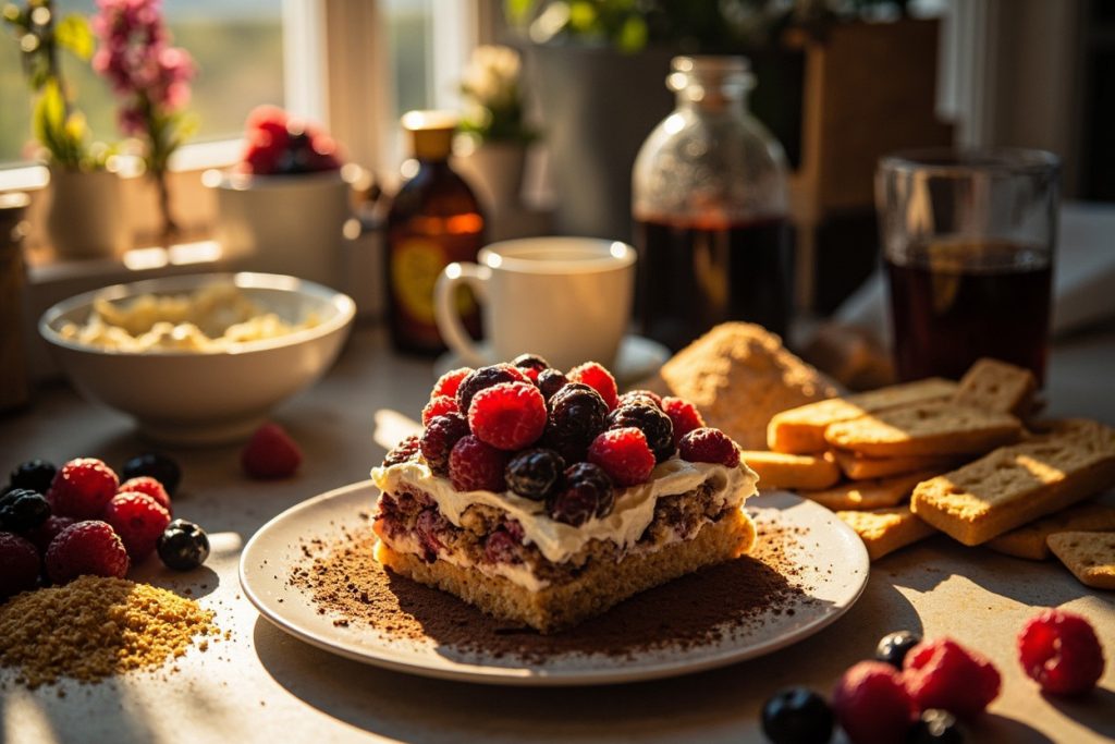 Пошаговый рецепт Тирамису с ягодами и кофе.