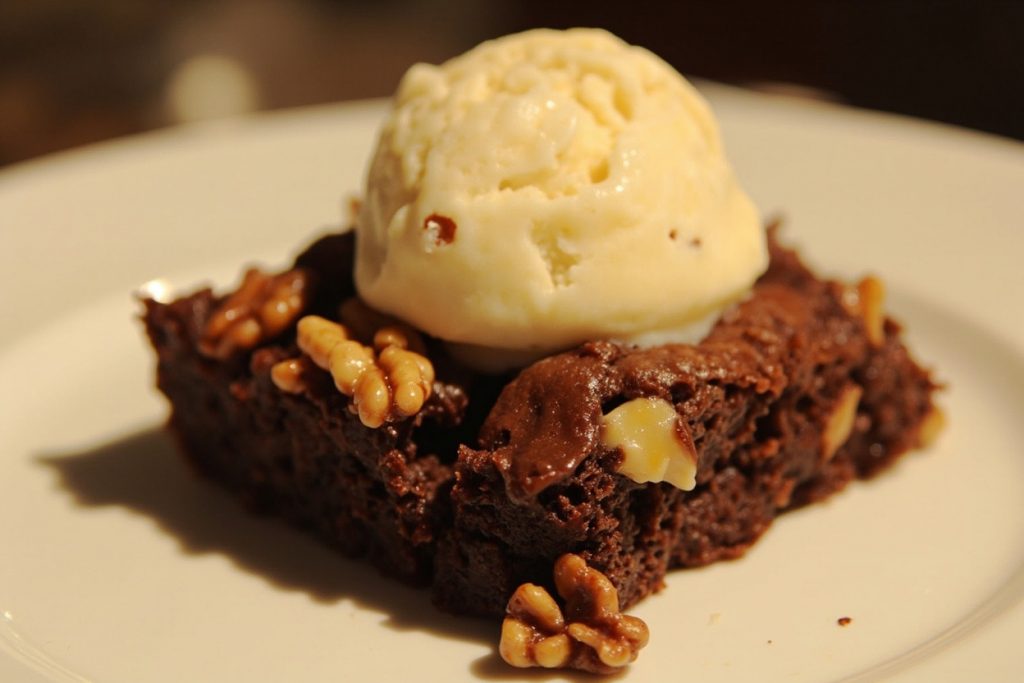 Пошаговый рецепт Брауни с орехами и мороженым.