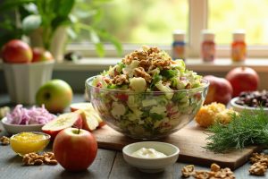 Пошаговый рецепт салата с грецкими орехами и яблоками.