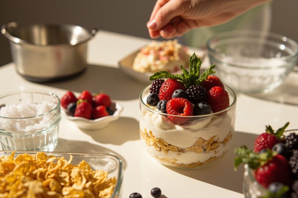 Как сделать Кремовый десерт с кукурузными хлопьями и ягодами: пошаговая инструкция.