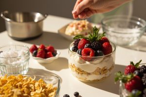 Как сделать Кремовый десерт с кукурузными хлопьями и ягодами: пошаговая инструкция.