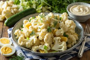 Пошаговый рецепт салата с цветной капустой и соусом тартар.