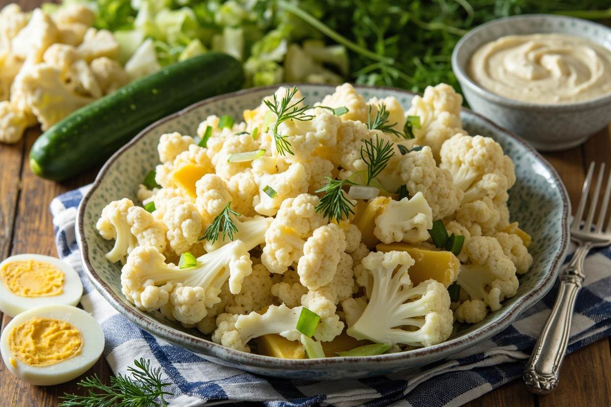 Пошаговый рецепт салата с цветной капустой и соусом тартар.