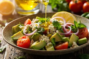 Пошаговый рецепт салата с авокадо, томатами и лимонным соусом.