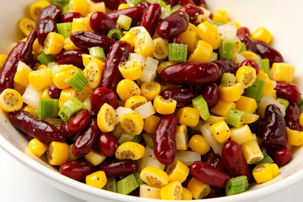 Пошаговый рецепт салата с красной фасолью и кукурузой.