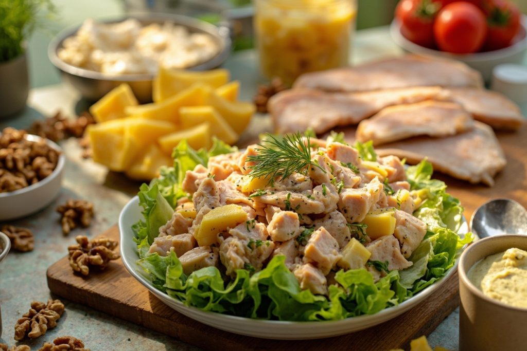 Пошаговый рецепт салата с курицей, ананасами и орехами.