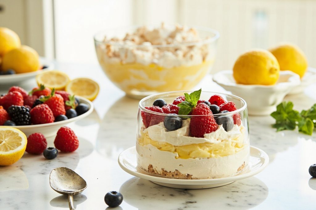 Пошаговый рецепт Лимонного десерта с безе и ягодами.