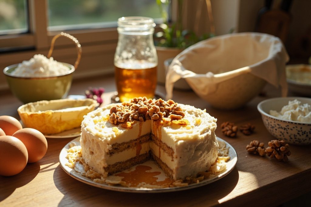 Пошаговый рецепт Медового торта с грецкими орехами.