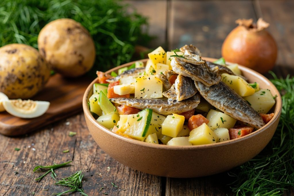 Пошаговый рецепт салата с картофелем, копченой рыбой и укропом.