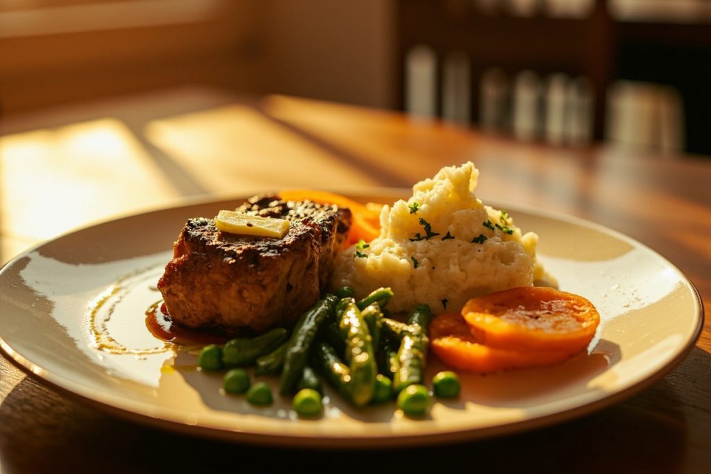 Телятина с картофельным пюре и овощами: пошаговое руководство.