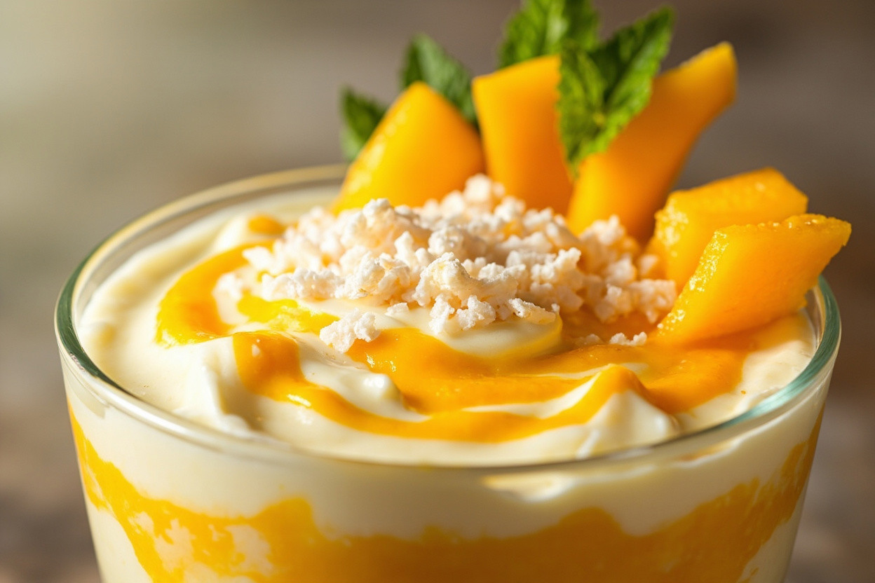 Пошаговый рецепт Кремового десерта с кокосом и манго.