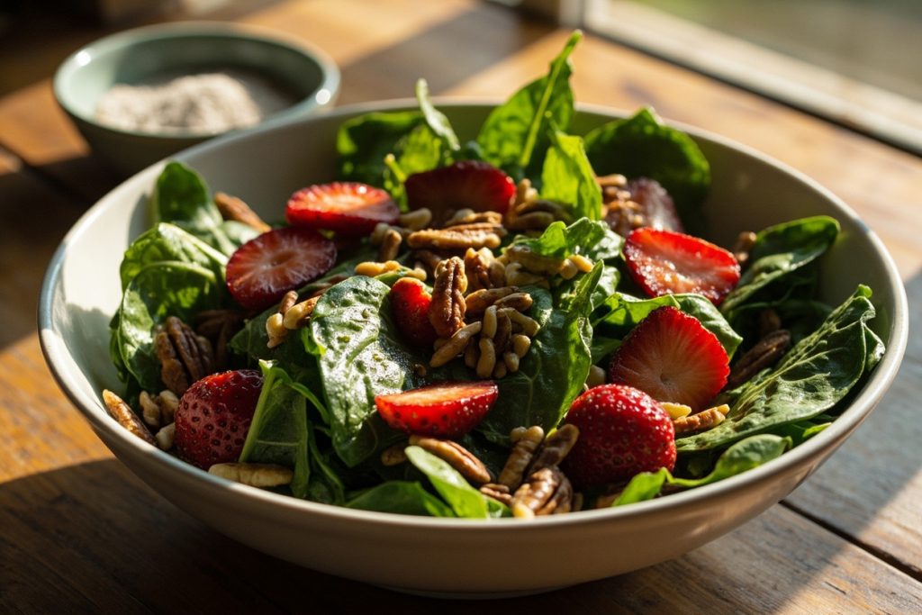 Пошаговый рецепт салата с шпинатом, клубникой и орехами пекан.