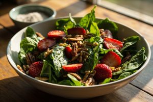 Пошаговый рецепт салата с шпинатом, клубникой и орехами пекан.