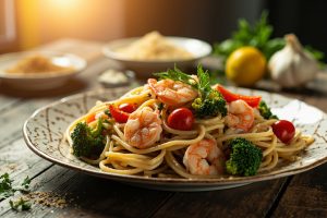 Паста с креветками и овощами: пошаговое руководство.