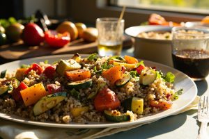 Пошаговый рецепт салата с киноа, печеными овощами и бальзамическим уксусом.