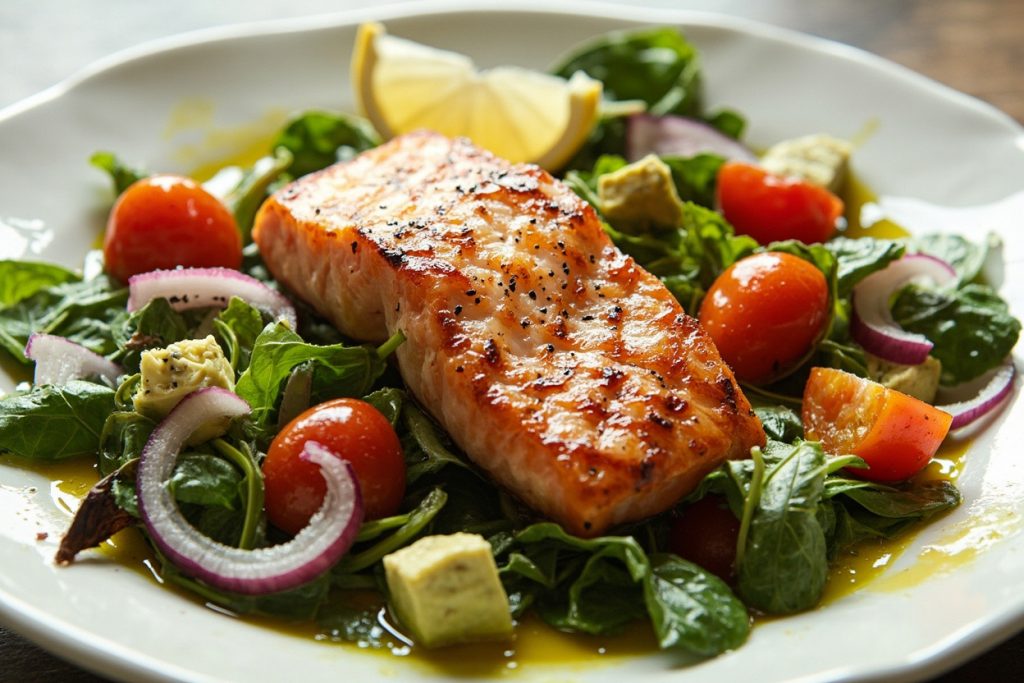 Пошаговый рецепт салата с лососем и шпинатом.