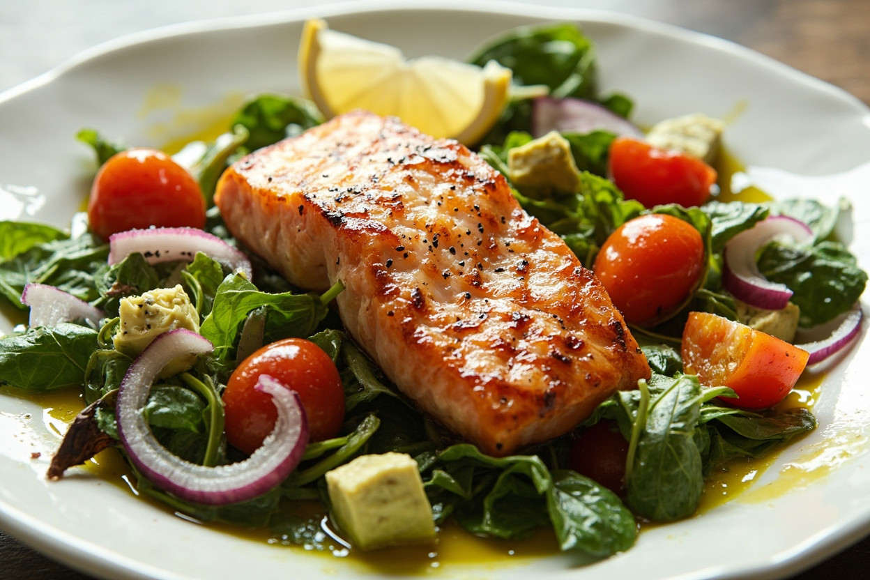 Пошаговый рецепт салата с лососем и шпинатом.