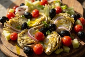 Пошаговый рецепт салата с артишоками и оливками.