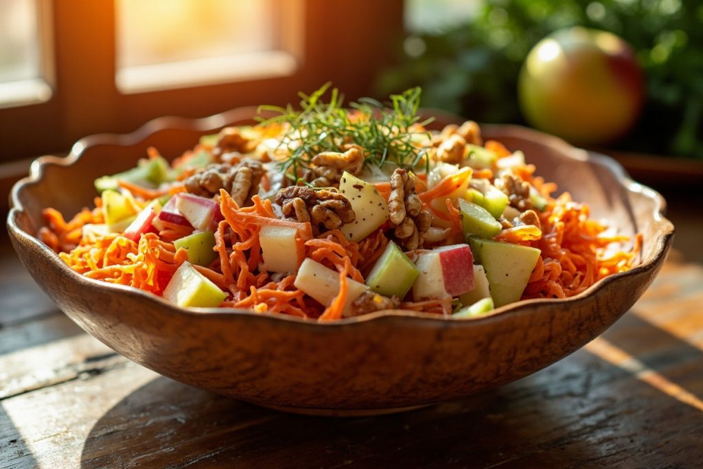 Пошаговый рецепт салата с морковью, яблоками и грецкими орехами.