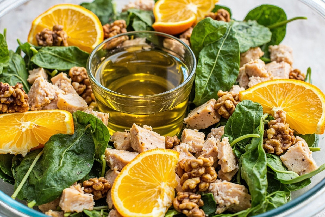 Пошаговый рецепт салата с курицей, шпинатом и апельсинами.