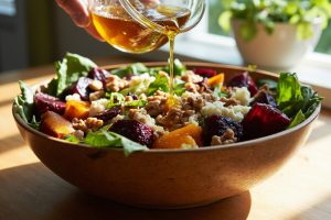 Пошаговый рецепт салата с запеченной свеклой и орехами.