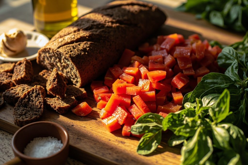 Пошаговый рецепт салата с ржаным хлебом, помидорами и базиликом.