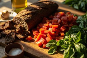 Пошаговый рецепт салата с ржаным хлебом, помидорами и базиликом.