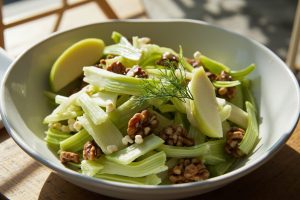 Пошаговый рецепт салата с сельдереем и грецкими орехами.