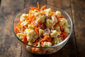 Пошаговый рецепт салата с цветной капустой и морковным соусом.