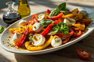 Пошаговый рецепт салата с печеными перцами и моцареллой.