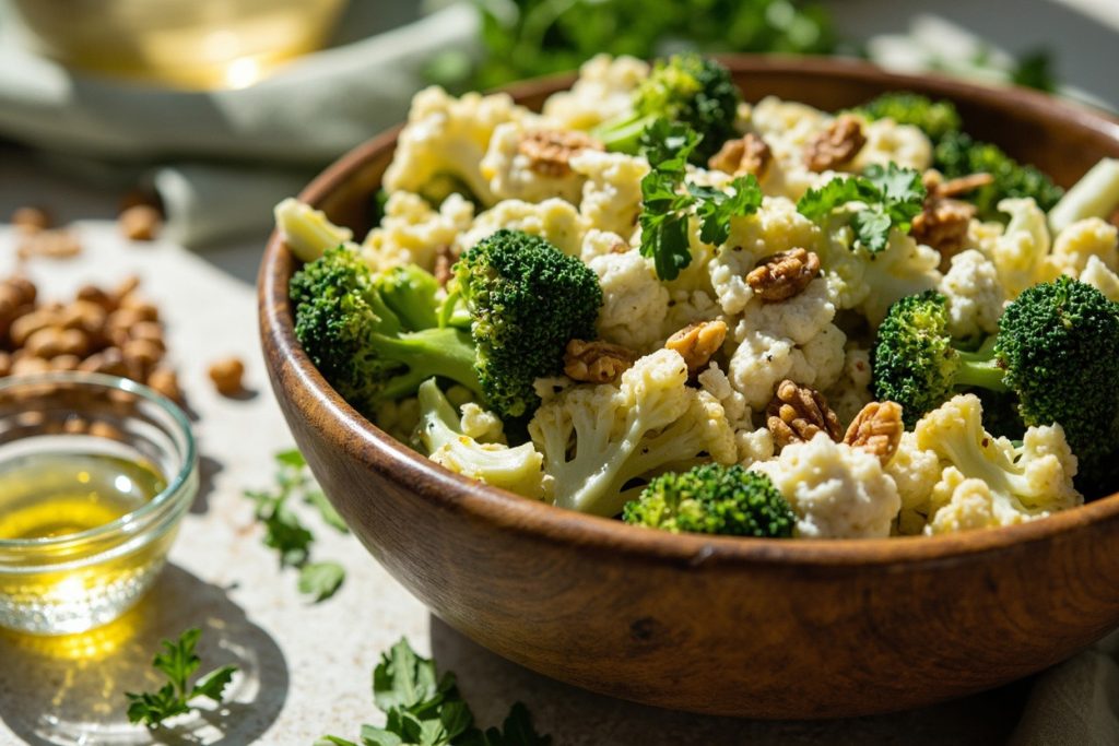 Пошаговый рецепт салата с цветной капустой и брокколи.