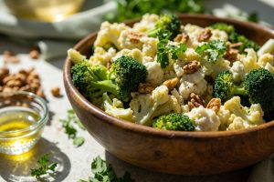 Пошаговый рецепт салата с цветной капустой и брокколи.