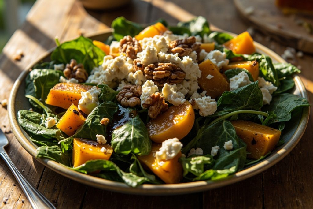 Пошаговый рецепт салата с тыквой, шпинатом и козьим сыром.