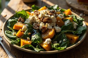 Пошаговый рецепт салата с тыквой, шпинатом и козьим сыром.