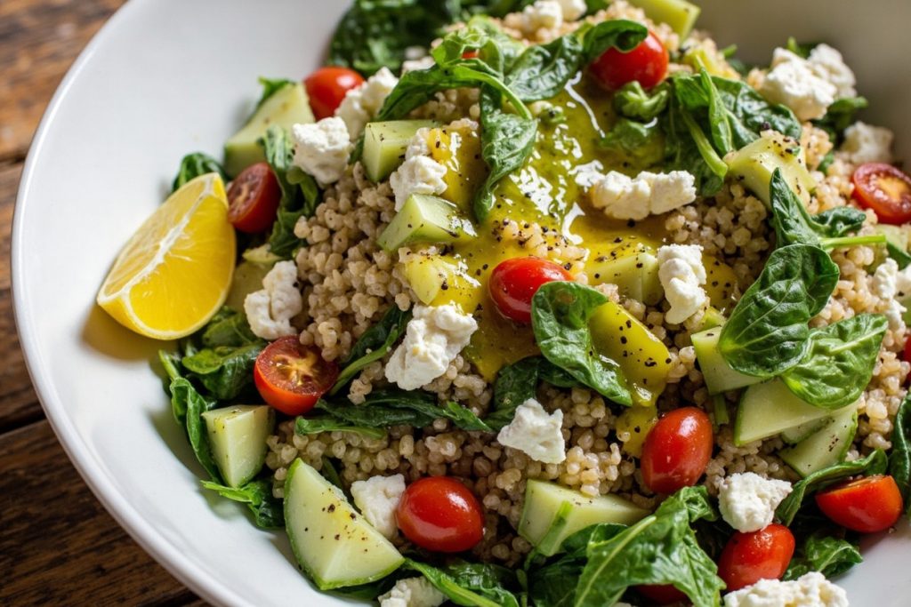 Пошаговый рецепт салата с киноа, шпинатом и фетой.