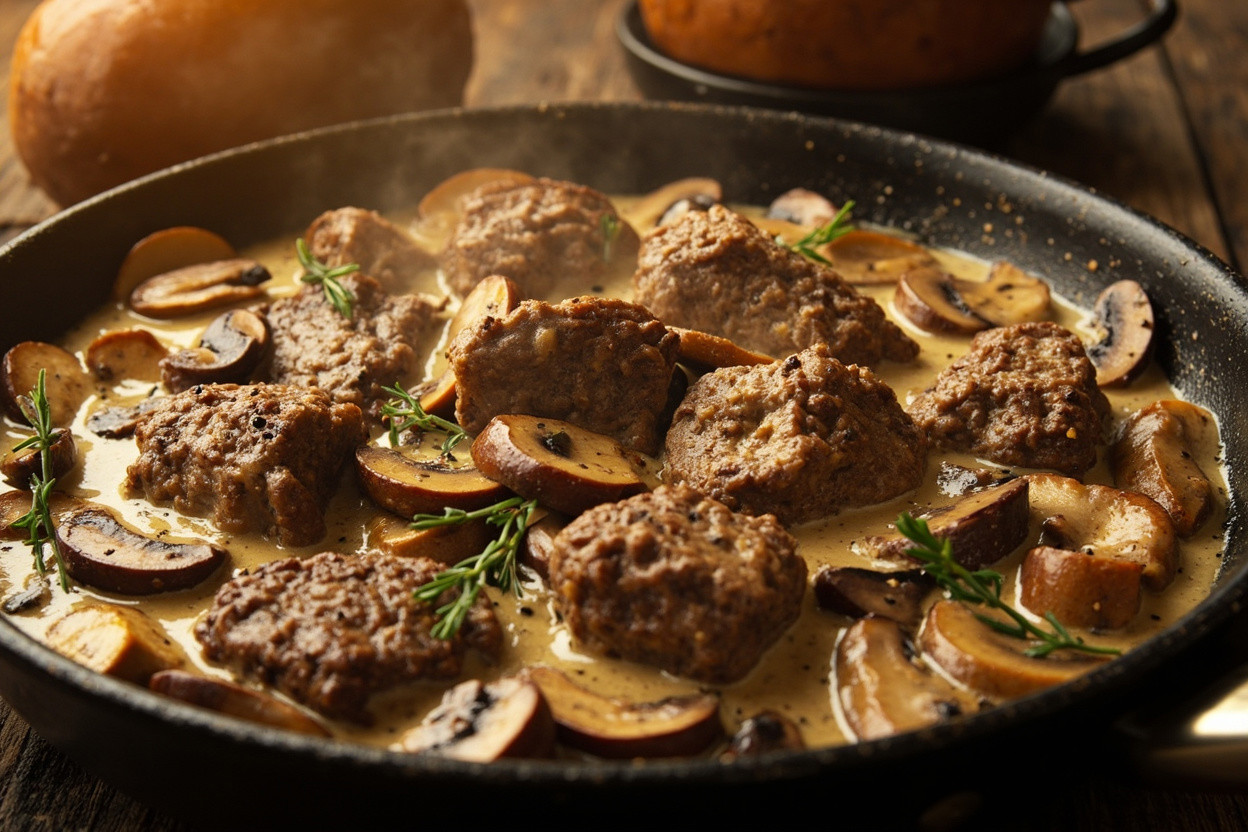 Говядина с шампиньонами в сливочном соусе: пошаговый рецепт.