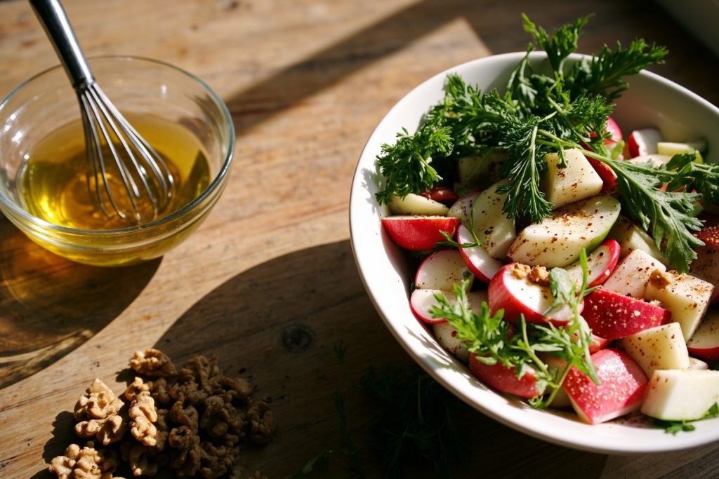 Пошаговый рецепт салата с редькой, яблоками и медовым соусом.