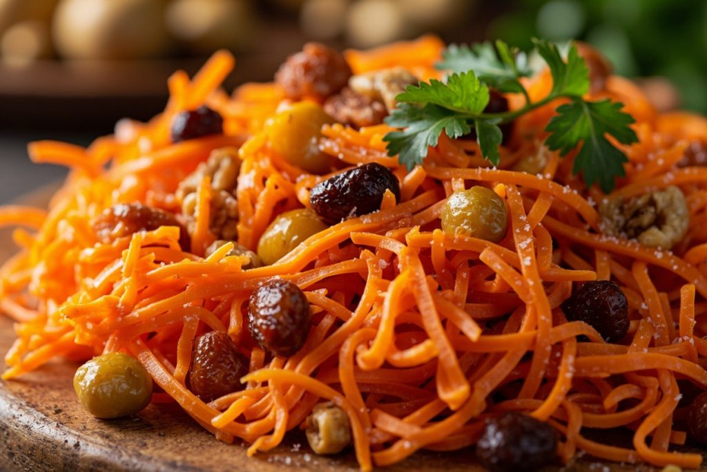 Пошаговый рецепт салата с морковью, изюмом и орехами.