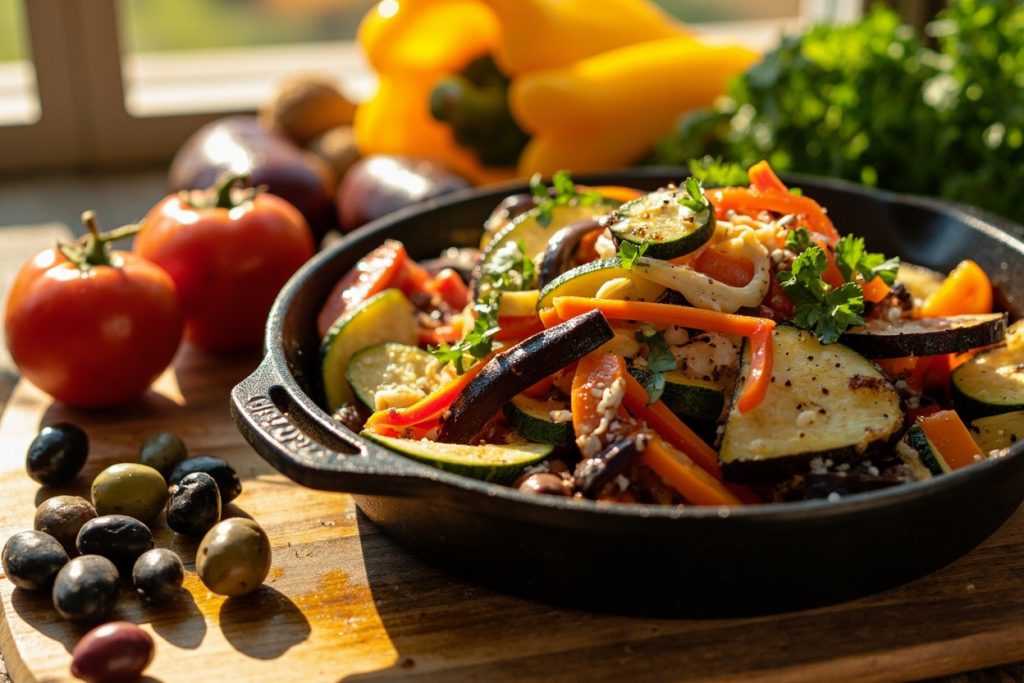 Пошаговый рецепт салата с оливками и жареными овощами.