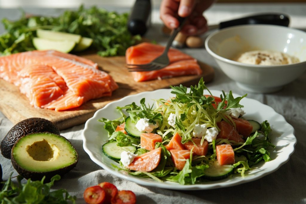 Пошаговый рецепт салата с лососем, авокадо и кремом из хрена.