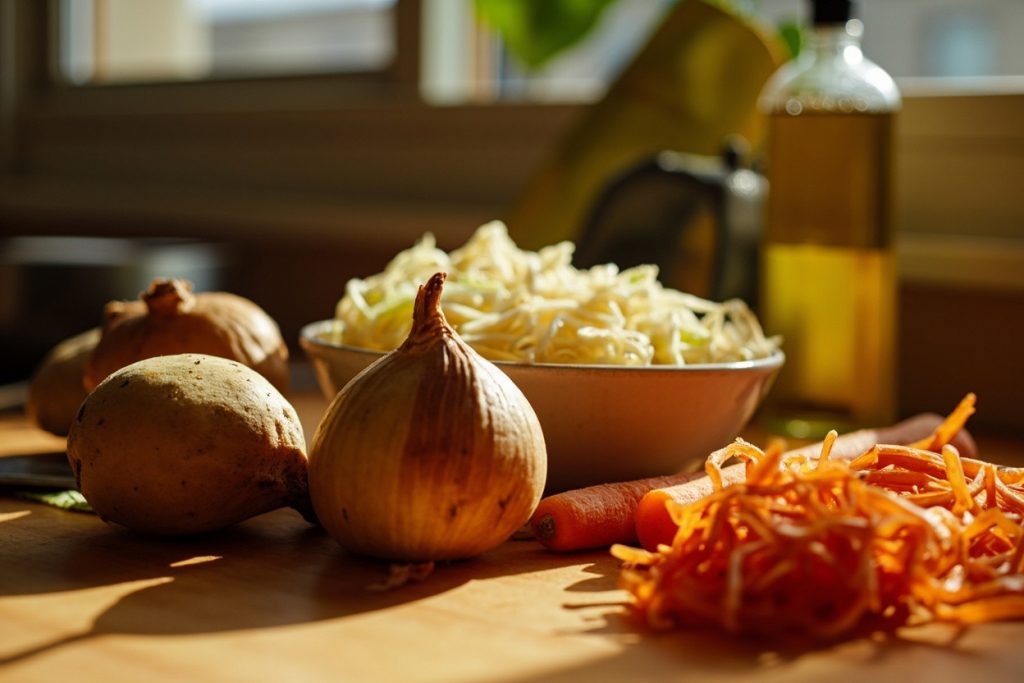 Пошаговый рецепт салата с квашеной капустой и картошкой.