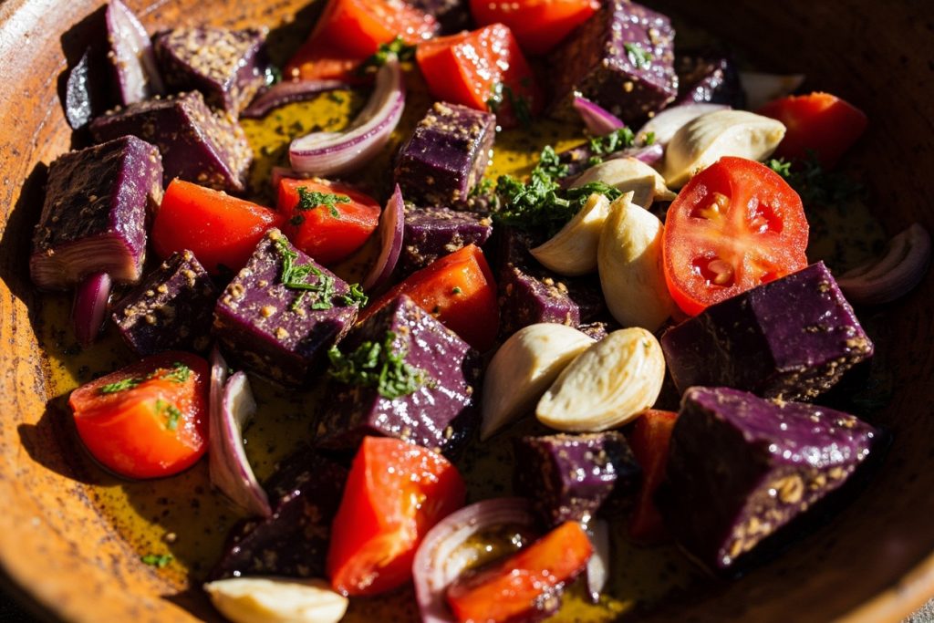 Пошаговый рецепт салата с баклажанами и помидорами.